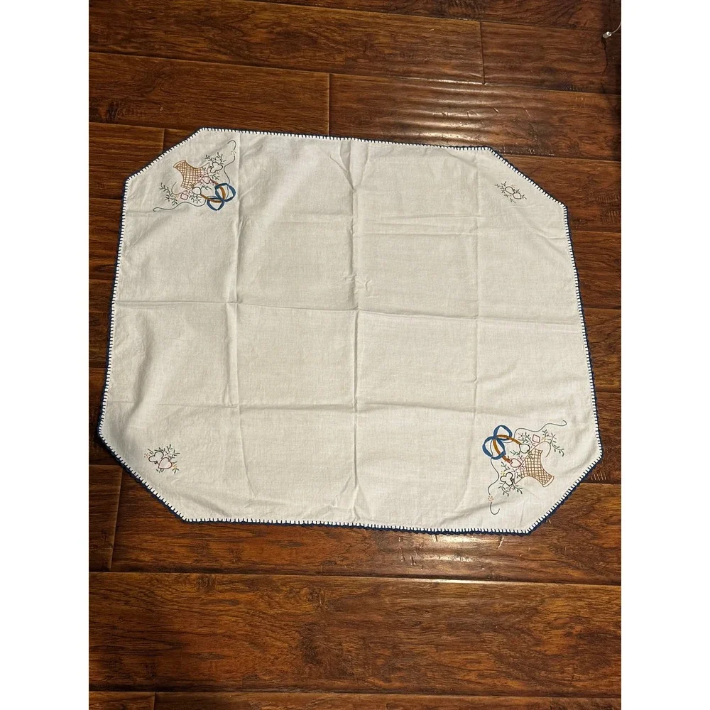 Vintage Handmade Embroidered Table Topper 30x33 Blue Floral Cottage Farmhouse